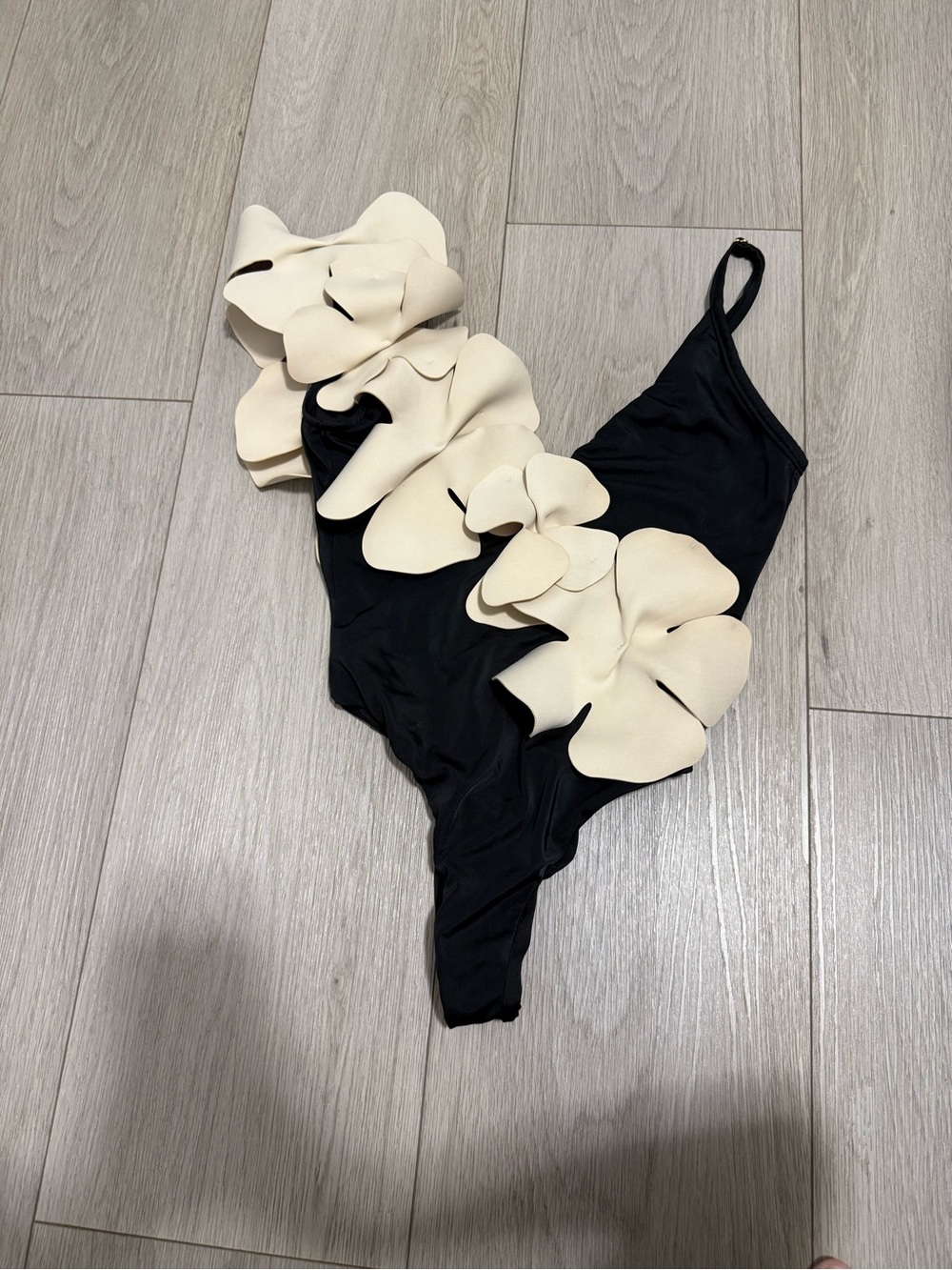 Women Black One-Piece Swimsuit with Cream Floral Appliqués